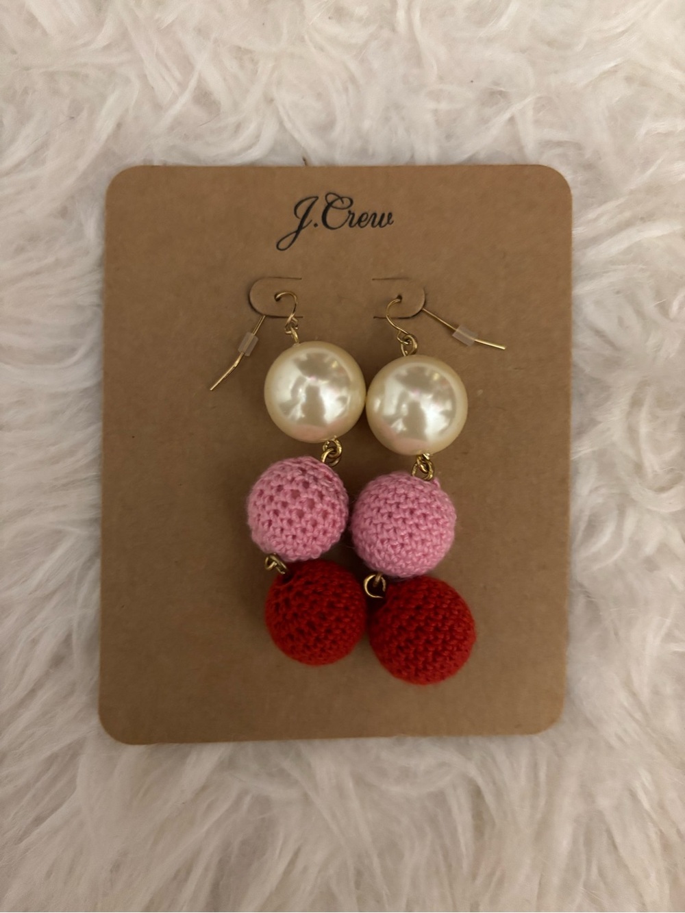 J. Crew Pink & Red Crochet Ball Drop Earrings with Pearl Accent